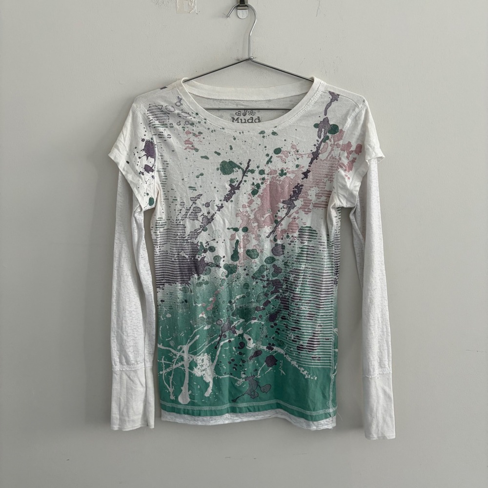 Mudd Womens Large Paint Splatter Double Layer Long Sleeve T-Shirt White Green